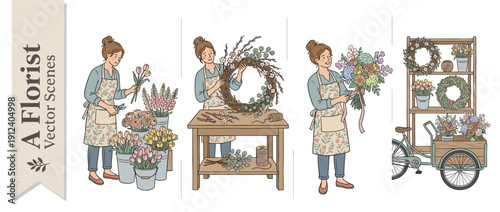 Vector illustration set of a female florist arranging spring flowers, making a floral wreath on a table, holding a pastel bouquet, and a flower shop display with a delivery cargo tricycle.