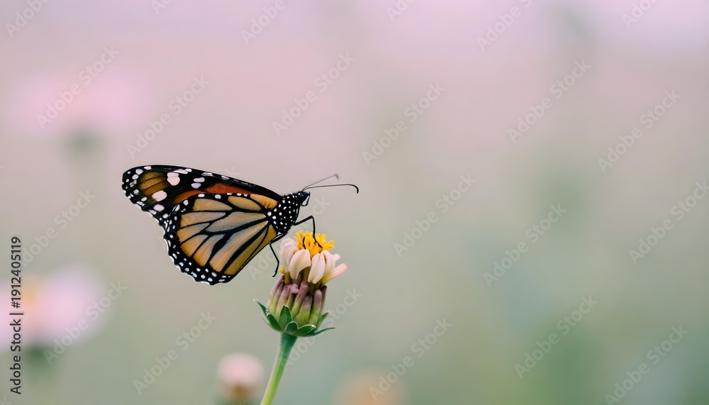 Obraz premium A monarch butterfly sits on a flower, illustrating the spirit of kindness and growth in an urban garden environment
