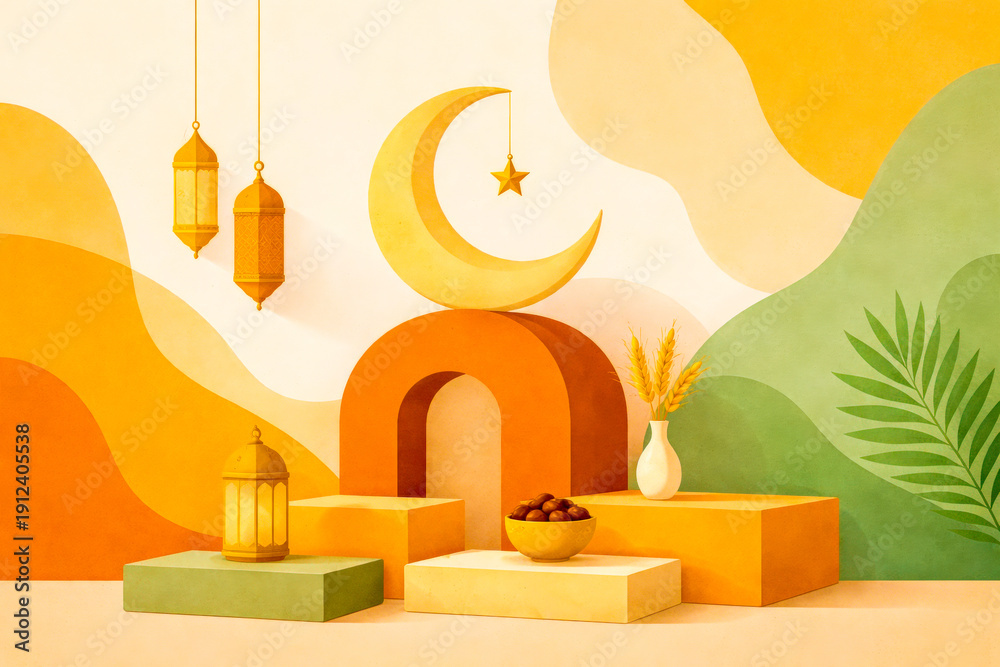 Obraz premium Minimal Ramadan Arch with Lantern and Dates