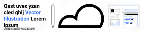 Cloud computing, data storage, web design, analytics, creative tools, digital technology. Cloud symbol alongside a pen and analytics interface. Cloud computing and data storage concepts