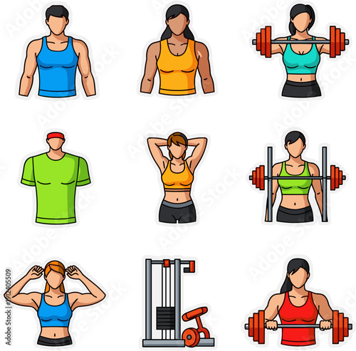 Flat Vector Fitness and Gym Icon Set with People Training and Workout Equipment