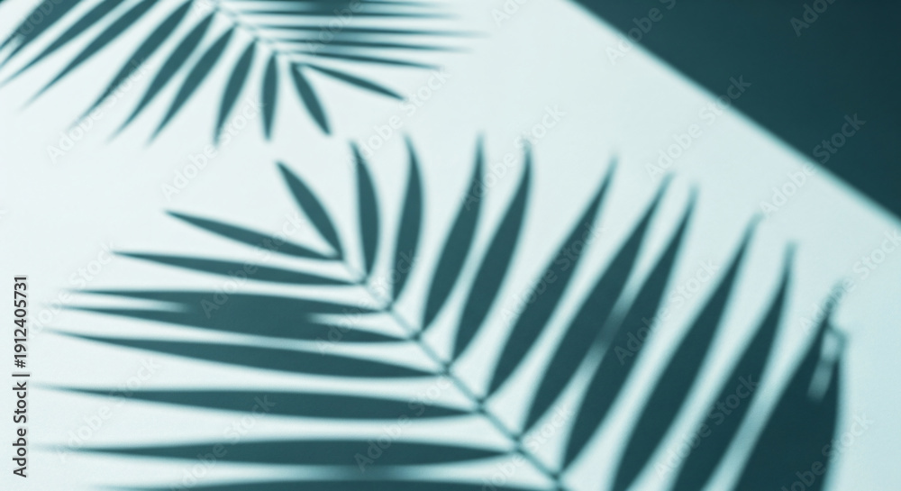 Obraz premium Minimalist composition of tropical palm leaf shadows cast on a serene light blue surface with soft focus and gentle light
