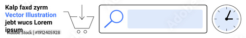 E-commerce, time management, user interface design, search, shopping, digital commerce. Minimalist design with shopping cart, magnifying glass icon and clock. E-commerce and time management concepts
