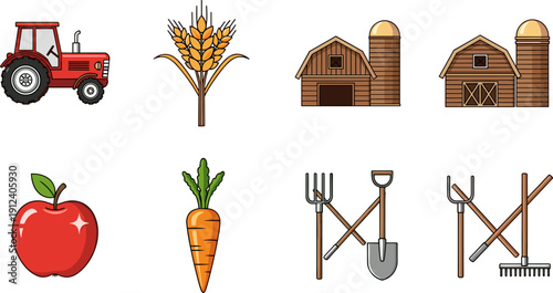 Farm and Agriculture Vector Icon Set with Tractor, Barn, Wheat, and Vegetables in Flat Line Art Style