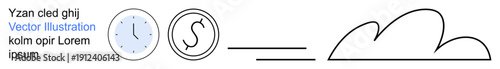 Time management, digital finance, technology integration, cloud storage, modern innovation, data flow. Circular clock, currency symbol and connected line with cloud. Time management and digital