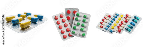 Foto Set of various colorful medical pills and capsules in blister packs isolated on