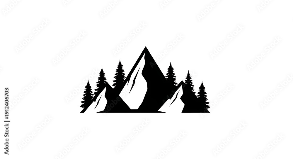 Obraz premium A simple black and white illustration of a mountain range with trees