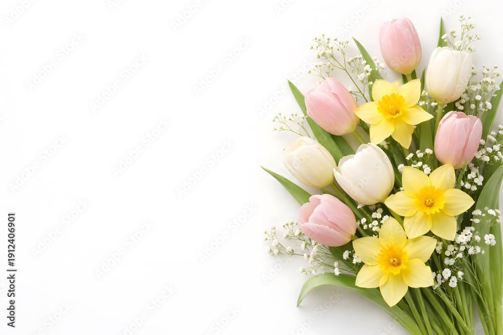 Obraz premium A vibrant bouquet of colorful flowers on a clean white background Easter Day