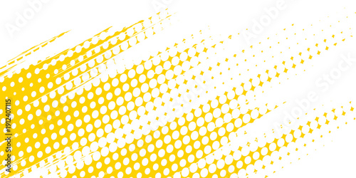 Yellow halftone corner gradient texture. Fading cartoon polka dot background. Dotted tilted gradation pattern. Fading comic pop art overlay backdrop. Vector slant frame halfton patern effect wallpaper