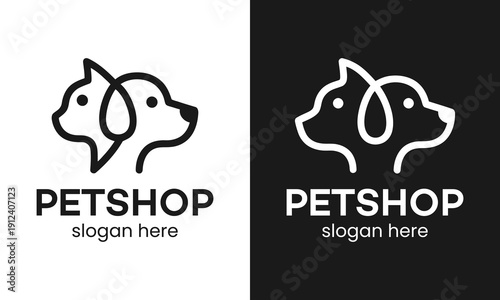 Simple pet shop logo design template illustration. Dog and cat with line style minimalist design vector icon symbol