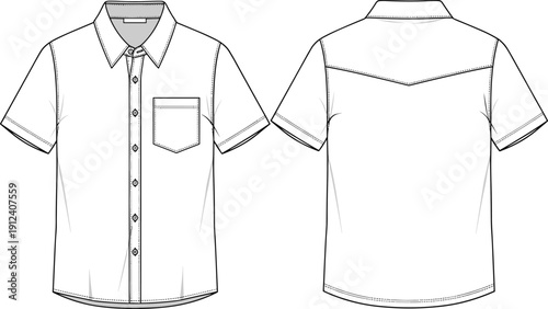 Blank short sleeve button up shirt vector technical sketch template, front and back view of casual collared shirt for fashion design