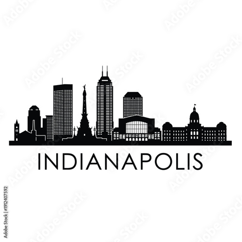 Indianapolis skyline silhouette with prominent buildings and city name graphic