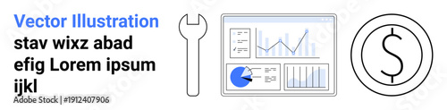Wrench, financial coin icon, and data dashboard with graphs and charts. Ideal for finance, analytics, tools, business growth, maintenance, tech support simple landing page