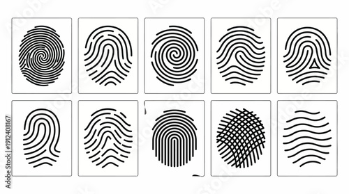 Set of ten grayscale fingerprint icons in framed cards, illustrating biometric security, identity verification, and digital authentication concepts.
