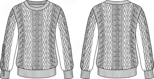 Blank cable knit sweater vector technical sketch template, front and back view of long sleeve crewneck jumper for fashion design