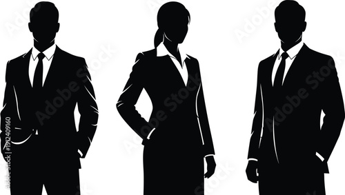 Professional business people silhouettes set featuring two men and one woman in formal suits standing confidently for corporate office vector