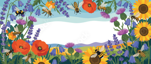 Vibrant panoramic vector illustration of a biodiversity garden featuring honeybees and bumblebees among colorful wildflowers like sunflowers, poppies, lavender, and thistles with central copy space.
