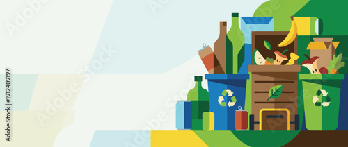 Panoramic Vector Banner Illustration of a Sustainable Waste Management Station with Recycling and Composting Bins, Organic Food Scraps, Plastic Bottles, and Cans, with Ample Copy Space for Text.