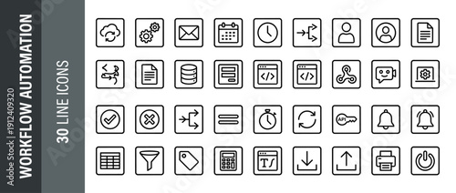 Set of 30 Workflow Automation Line Icons for Business Process Management, Software Integration, and Digital Triggers. Includes Cloud Sync, API Key, Database, Email, Calendar, and Data Management.