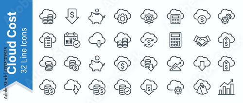 Cloud Cost Optimization and FinOps Line Icon Set with 32 Modern Rounded Symbols for Cloud Computing Expenses, Financial Management, Budget Tracking, Savings, and Cloud Infrastructure Cost Control.