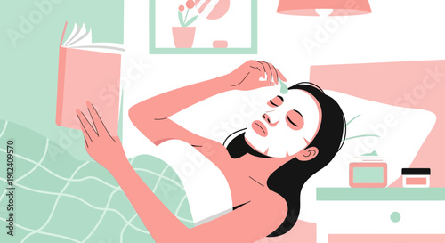 Woman relaxing in bed with a face mask reading a book at night time routine