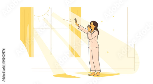 Woman waking up in the morning with bright sunlight shining through window with curtains