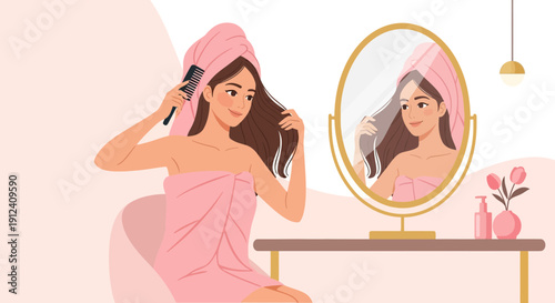 Young woman wrapped in towel combing hair in front of mirror in a bright room