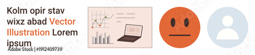 Data analysis, user feedback, business insights, technology, digital profiles, customer engagement. Includes analytics chart, neutral emoticon and user icon. Data analysis and user feedback concept