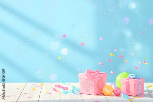 カラフルな風船とギフトボックスのある風景　水色の背景