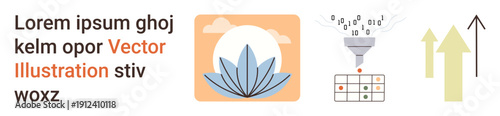 Data analytics, process optimization, sustainable growth, digital transformation, minimalism, branding. Lotus icon, digital funnel statistical grid and arrows. Data analytics and process