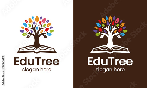 Creative education logo design template illustration. Book concept vector design with colorful tree symbol graphic icon sybols