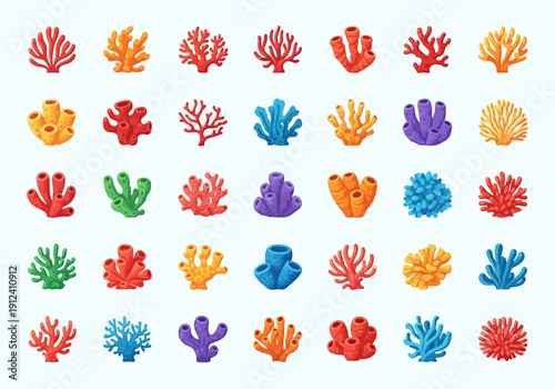 Colorful Coral Reef Vector Icons Set – Marine Life Illustration Collection