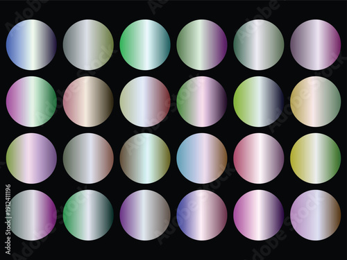 Numerous metallic gradient circles arranged neatly in rows on a plain black surface