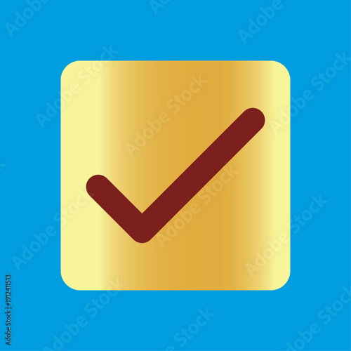 Luxury Gold Check Mark Icon Vector. Premium Tick Symbol in Golden Button on Blue. VIP Approved, Success, Best Quality Sign. Elegant UI Element for Membership, Certificate, and Exclusive App Design.