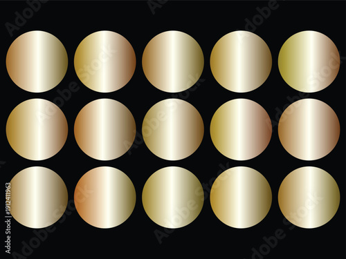 Twenty cool toned metallic gradient circles arranged in a grid on a smooth black surface
