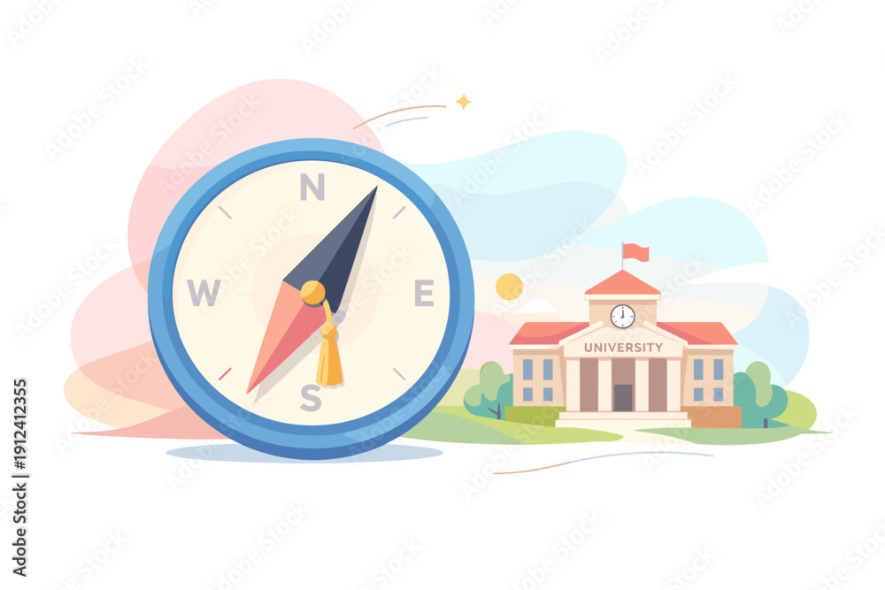 Obraz premium Compass pointing towards a school building illustration.