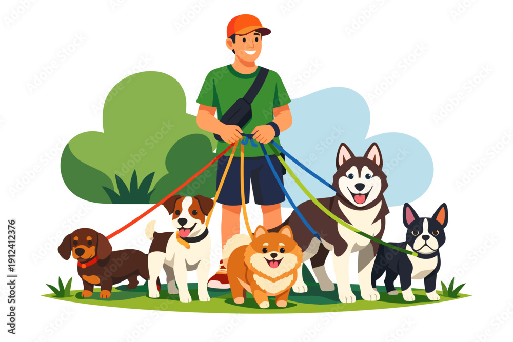 Naklejka premium Dog Walker With Multiple Dogs Enjoying Outdoor Walk.