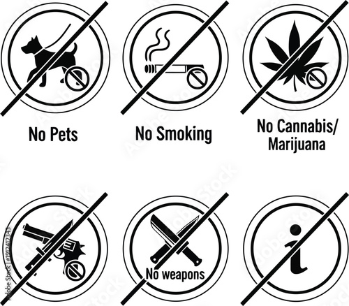 Set of Prohibition Signs for Pets, Smoking, Marijuana, and Weapons in a Clear Design