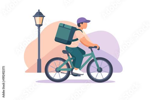 Delivery person riding a bicycle with a large insulated bag.