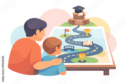Father and son looking at a game board representing education and success.