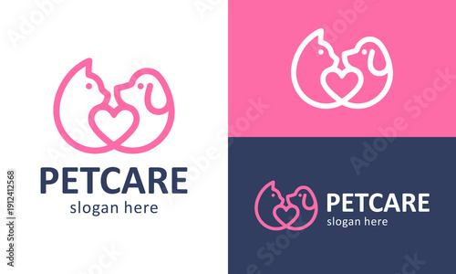 Minimalist pet care logo design template illustration. Abstract dog and cat with heart love vector icon symbol
