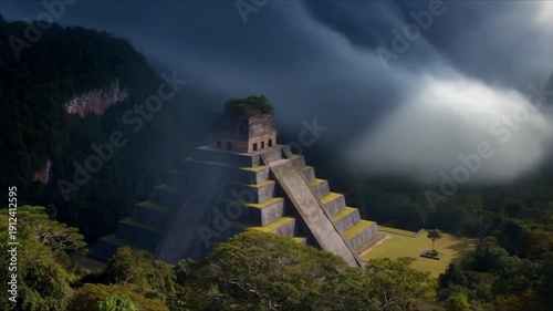 Ancient Mayan pyramid stands tall amidst lush green jungle, dramatic clouds move across sky, sun rays pierce through, cinematic motion