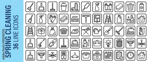 Vector Set of 36 Spring Cleaning Line Icons for Household Chores and Home Maintenance featuring Broom, Mop, Vacuum, Laundry, Gardening Tools, and Repair Supplies in Minimalist Square Style.