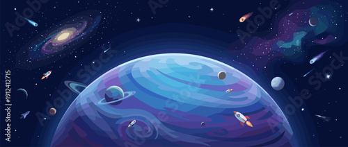 Vibrant outer space exploration banner with a large blue planet arc, twinkling stars, colorful nebulae, spiral galaxies, flying rockets, and glowing comets in a deep blue cosmic background.