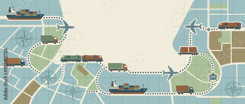 Global logistics and shipping network panoramic banner with cargo ships, airplanes, freight trucks, and trains on a map grid for international trade, supply chain management, and transport.