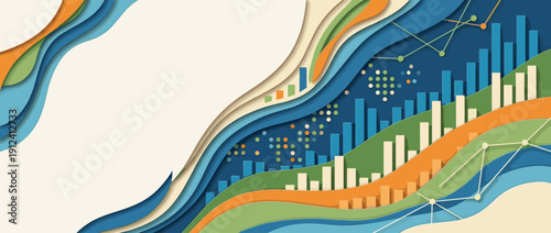 Modern Abstract Paper Cut Style Data Analytics Banner with Colorful Wavy Layers, Bar Charts, and Financial Growth Graphs for Business Intelligence, Marketing, and Corporate Presentation Background