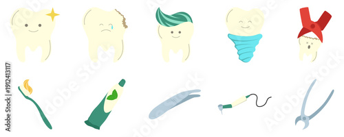 Set of Dental Tools and Tooth Cute Character