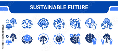 Sustainable Future Icon Collection,  featuring Sustainable, Climate, Renewable, ESG, Investment, Impact, Net zero.