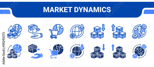 Market Dynamics Icon Collection,  featuring Supply, Demand, Market, Trade, Import, Export, Currency.