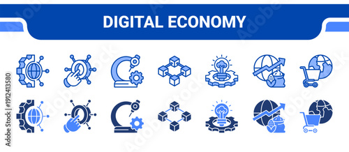 Digital Economy Icon Collection,  featuring Technology, Digital, Automation, Blockchain, Innovation, Investment, Market.
